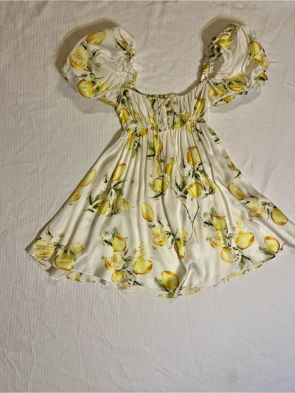 For Love And Lemons White Dress with Yellow Lemon Print and Puff Sleeves